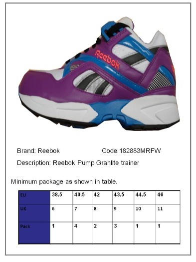 Zdjęcie buta sportowego marki Reebok, model Pump Grahlite, z fioletowo-biało-niebieską kolorystyką, widoczny z boku, z tabelą rozmiarów i kodem produktu poniżej.